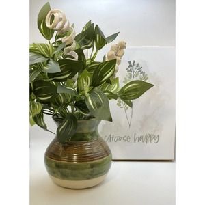 Studio Art Pottery Vase Hand Painted in Green with Textured Brown Stripes